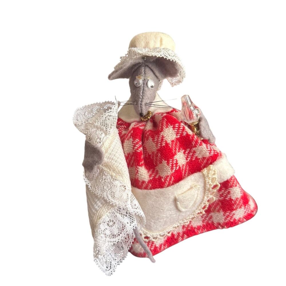 VTG Mice Folk Art Handmade Mouse Holding Lantern Red‎ And White Grey - Picture 3 of 7